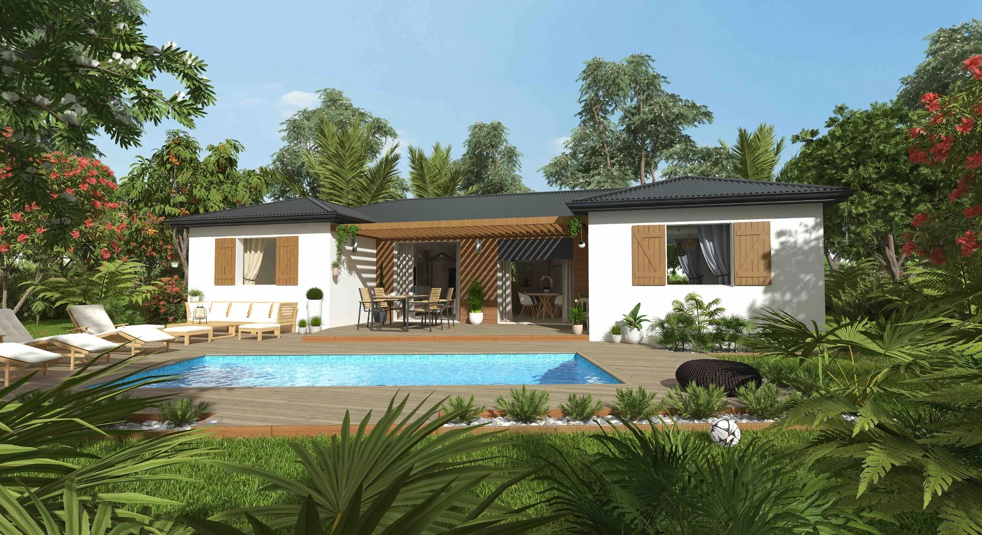 Rendu 3D de la villa Camélia de GLG Maison Tropic Concept : maison de plain-pied en U de 118 m², 3 chambres, en Guadeloupe