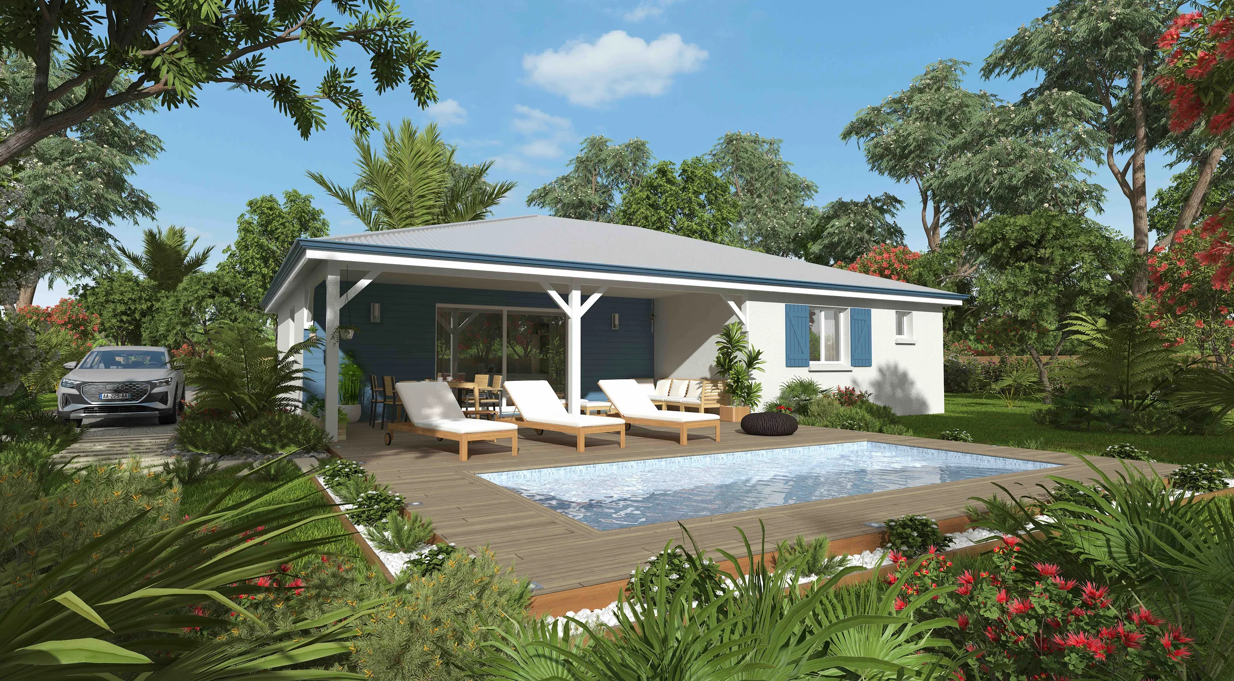 Rendu 3D de la villa Cannelle de GLG Maison Tropic Concept : maison de plain-pied de 142 m² avec loggia, 4 chambres, en Guadeloupe