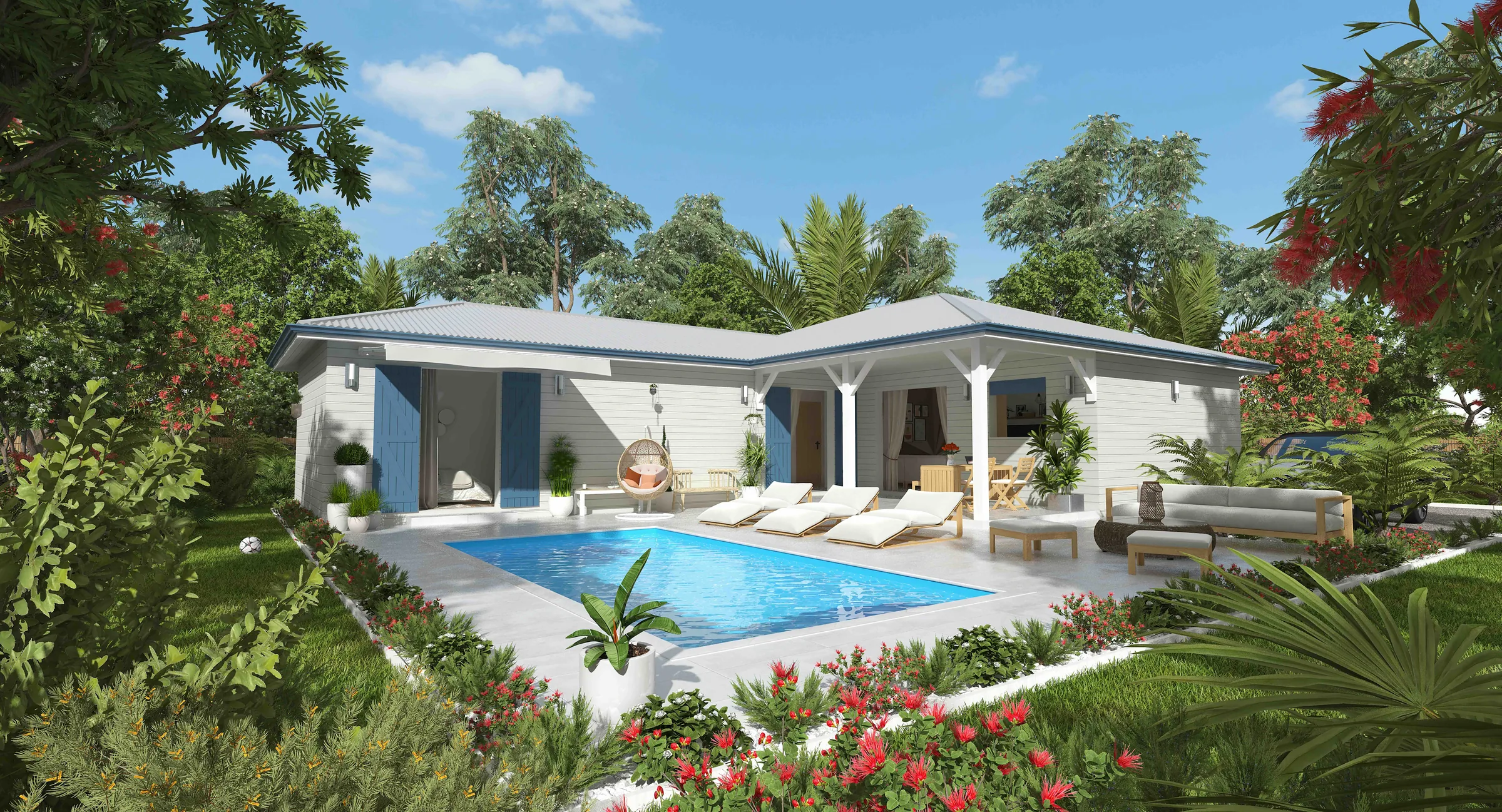 Rendu 3D de la villa Héliconia de GLG Maison Tropic Concept : maison en L de 122 m², 3 chambres, en Guadeloupe