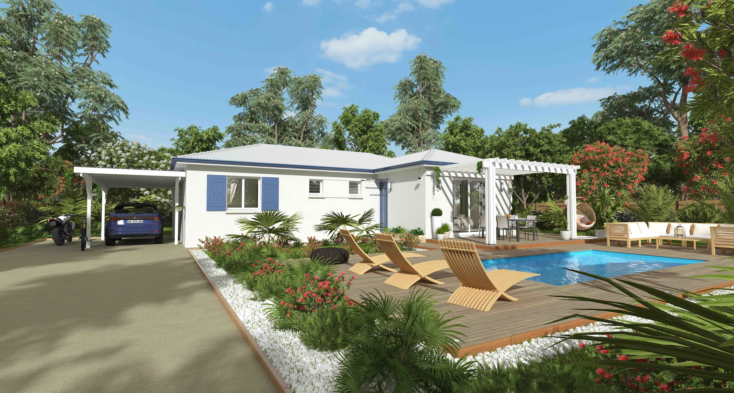 Rendu 3D de la villa Pivoine de GLG Maison Tropic Concept : maison en L de 90 m², 3 chambres, en Guadeloupe